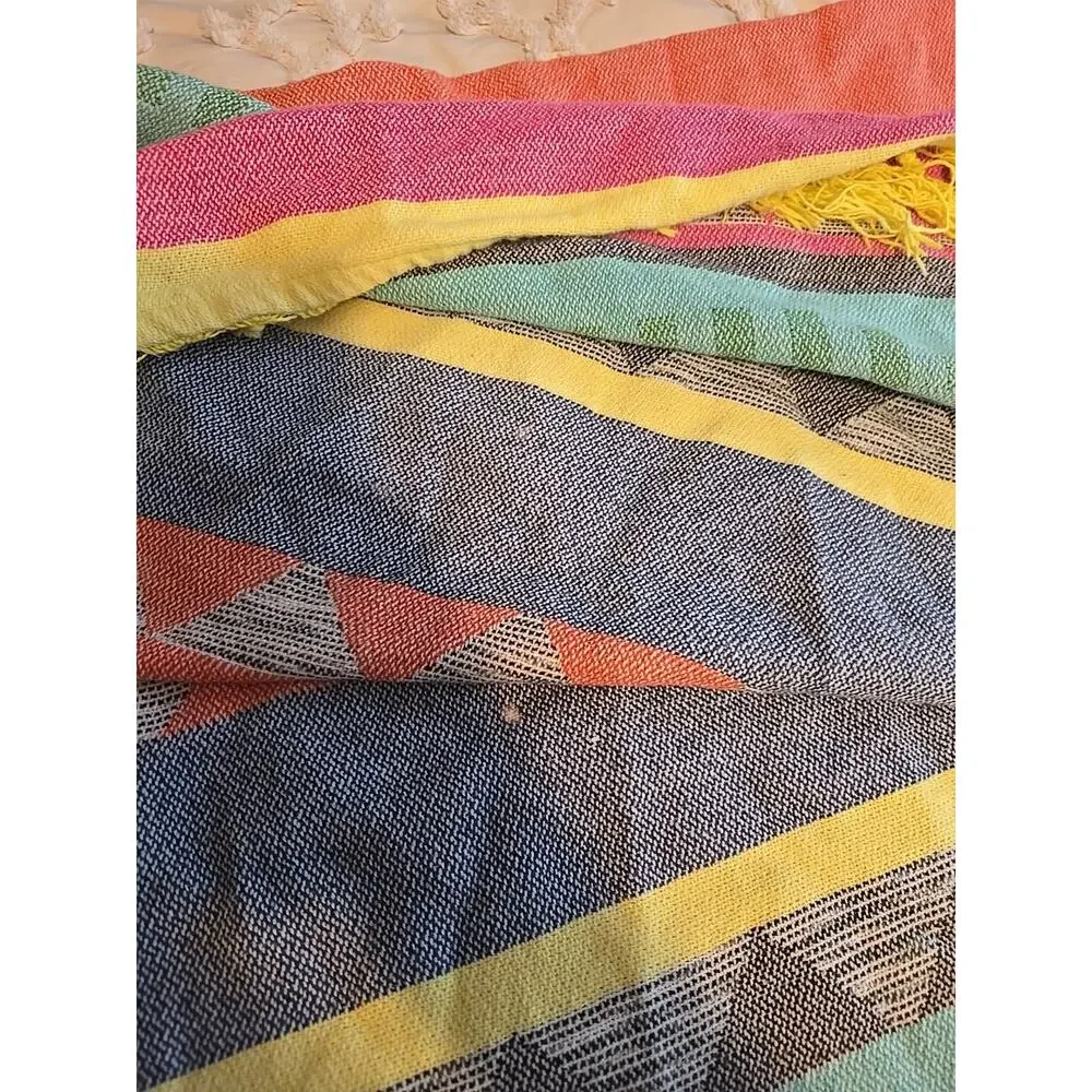 VTG Threshold Multicolor Colorblock Cottagecore Fringe Bedding‎ Blanket 49